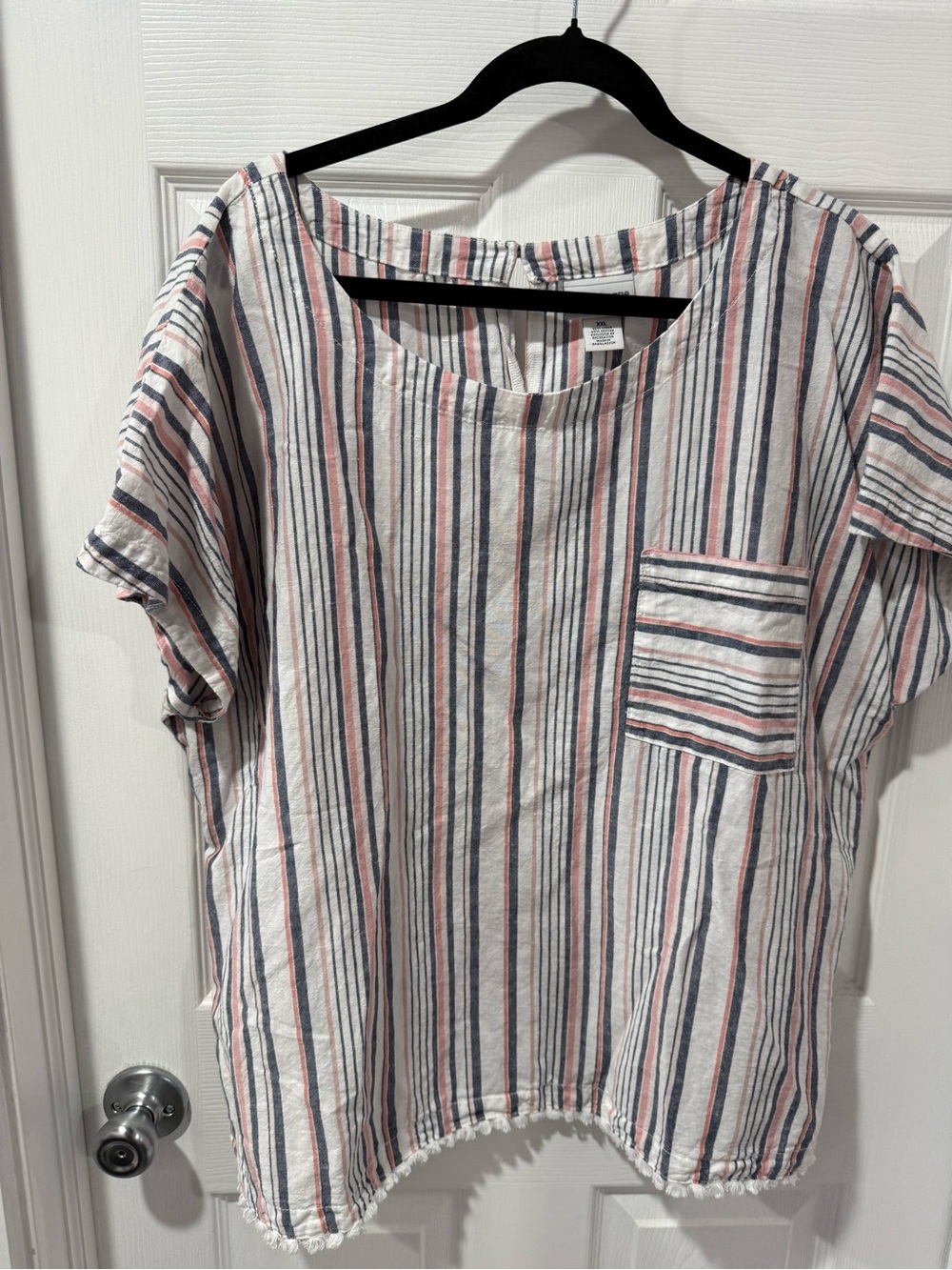 Liz Claiborne Striped Linen-Cotton Short Sleeve Top in White, Navy & Rust